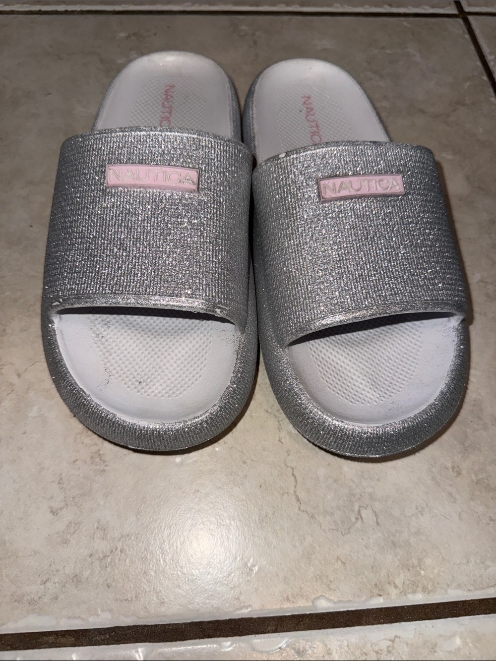 Kids Nautica Silver Glitter Slide Sandals with Pink Logo Accent